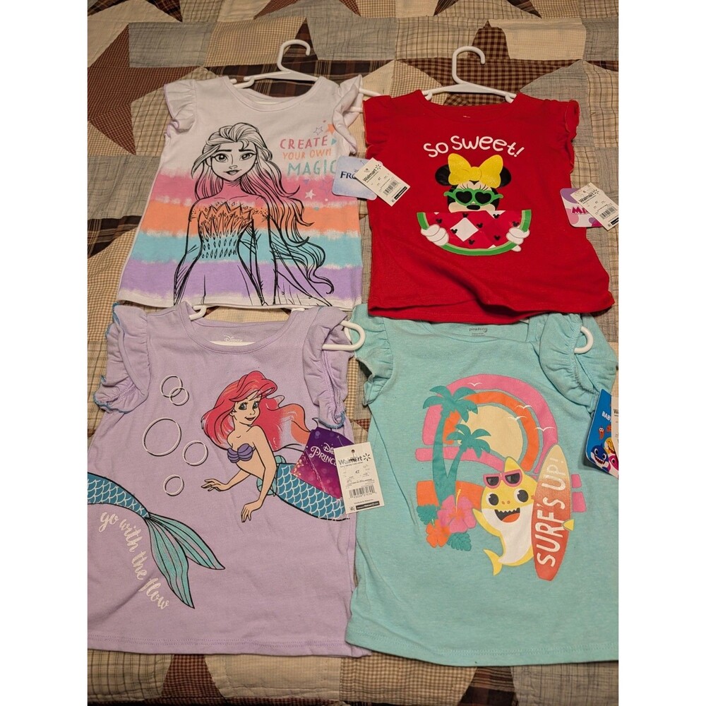 Girls 4T Ruffle Sleeve Shirt Lot NWT Disney Frozen Ariel Minnie Baby Shark